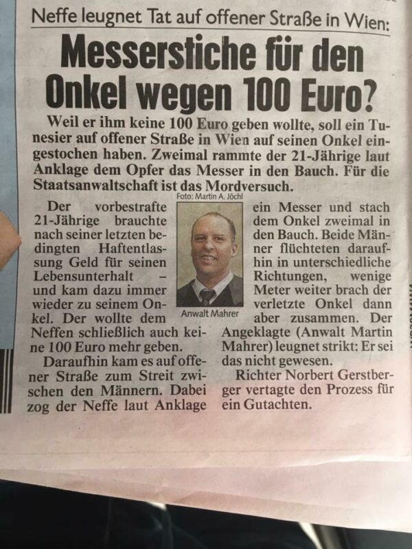 Kronen Zeitung: Messerstiche für den Onkel wegen 100 Euro? — Presseartikel Kanzlei Dr. Martin Mahrer