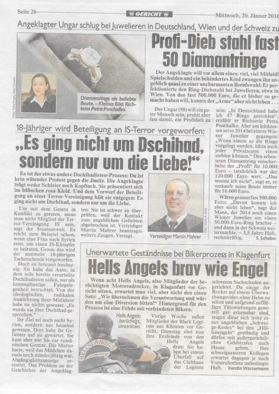 Kronen Zeitung: Profi-Dieb stahl fast 50 Diamantringe — Presseartikel Kanzlei Dr. Martin Mahrer