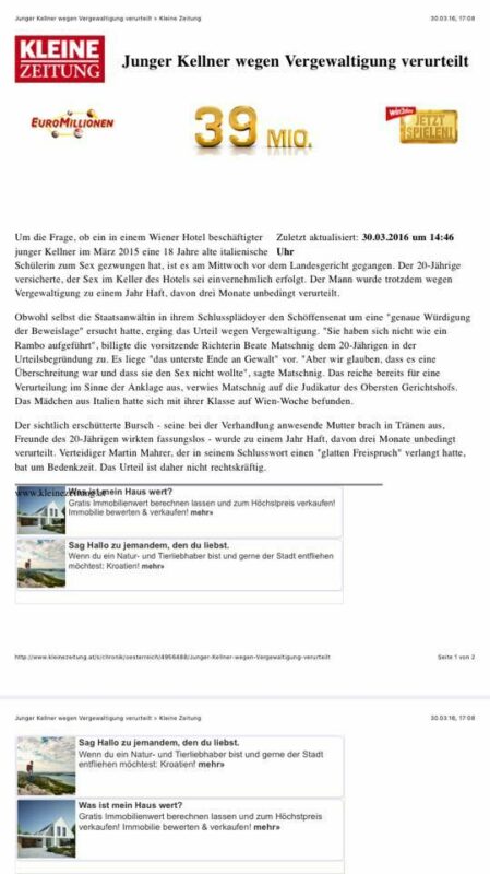 Kleine Zeitung: Junger Kellner wegen Vergewaltigung verurteilt — Presseartikel Kanzlei Dr. Martin Mahrer
